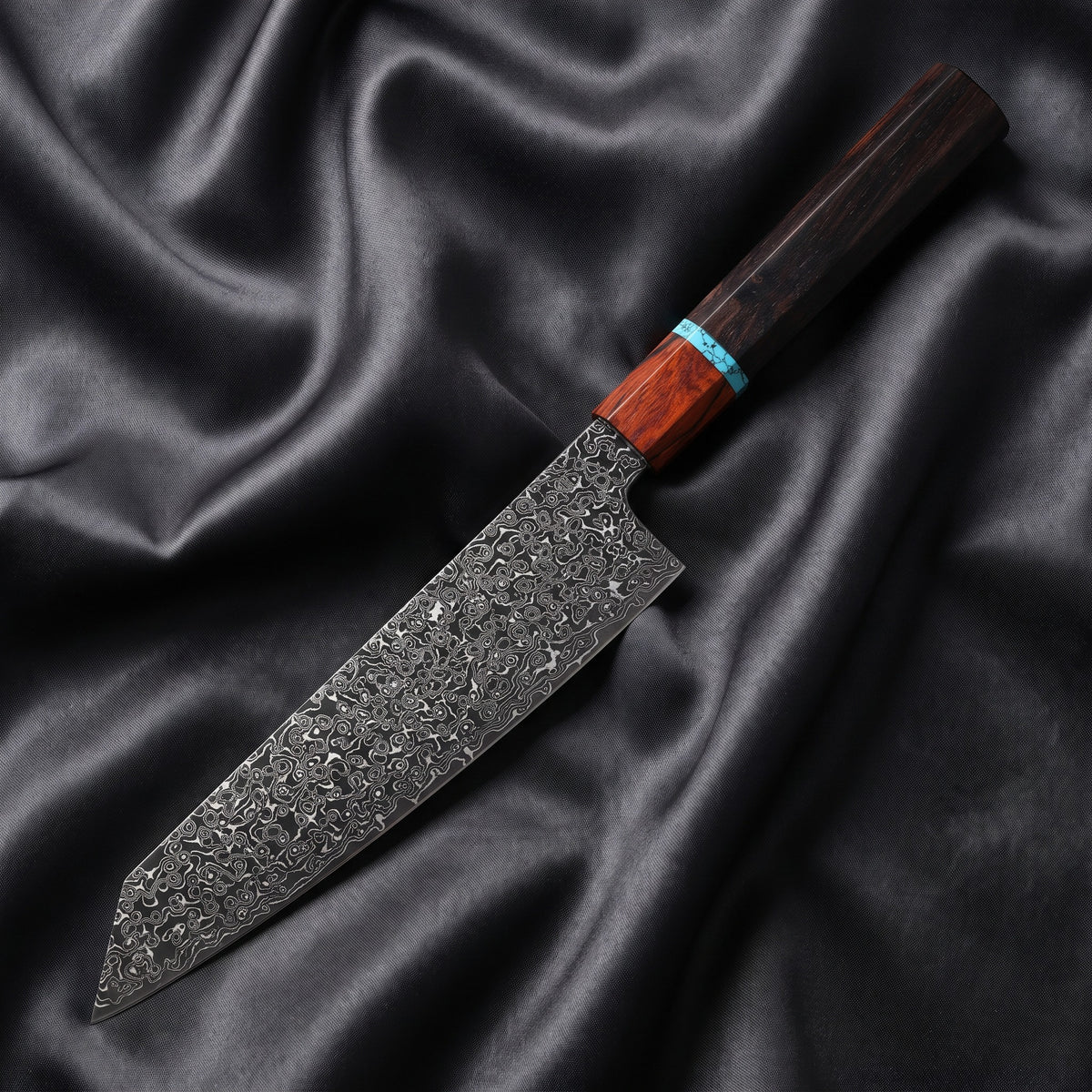 Raiden Kiritsuke Chef-Slicer Knife · full blade on black silk