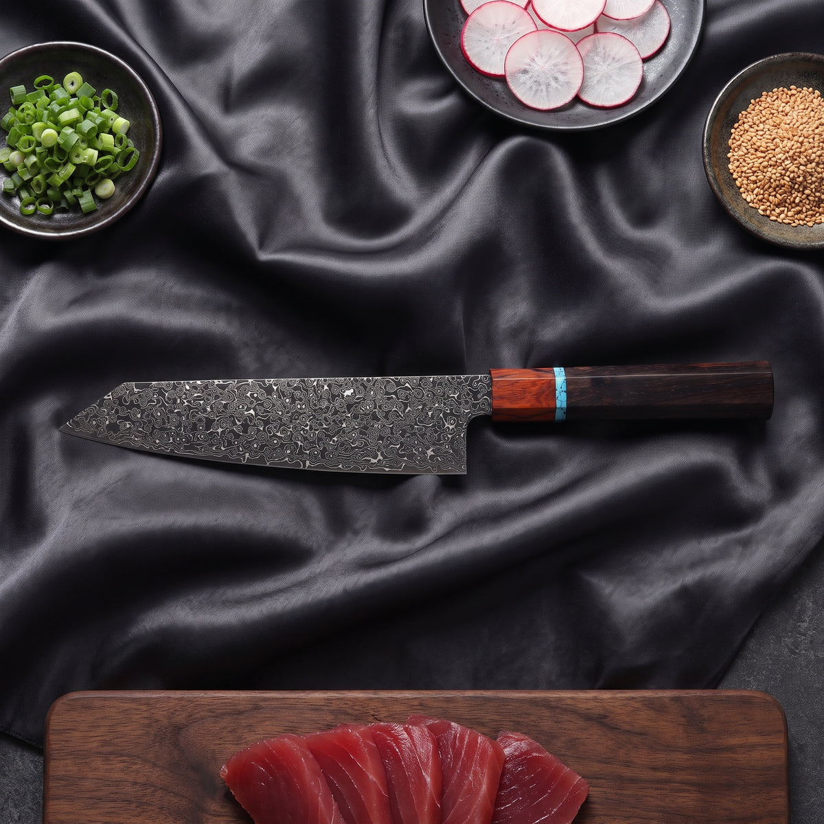 Raiden Kiritsuke Chef-Slicer Knife · on the cutting board
