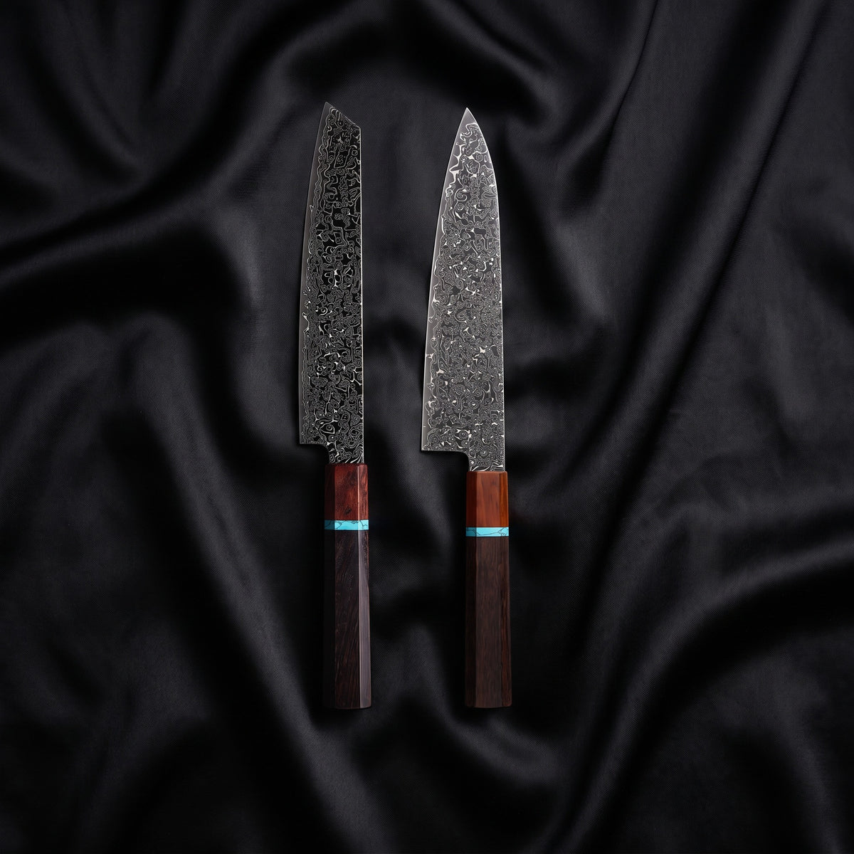 Raiden Knife Duo (Gyuto & Kiritsuke) · the full set on black silk