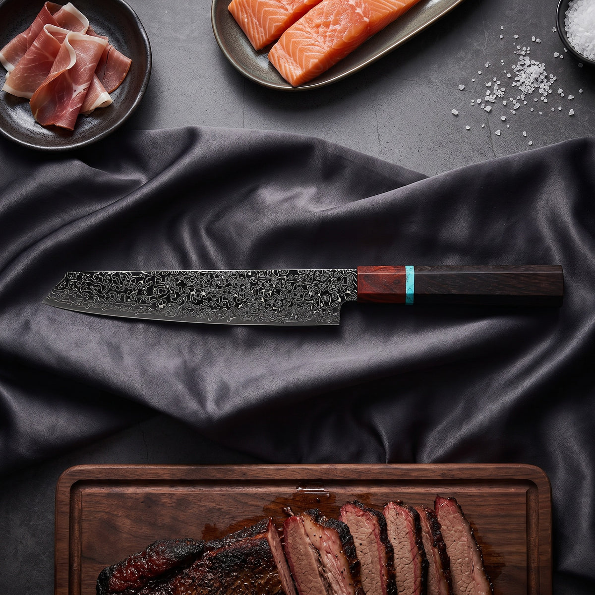 Raiden Knife Duo (Gyuto & Kiritsuke) · Slicer on the cutting board