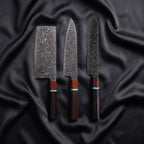 Raiden Knife Trio (Gyuto, Kiritsuke & Cleaver) · the full set on black silk