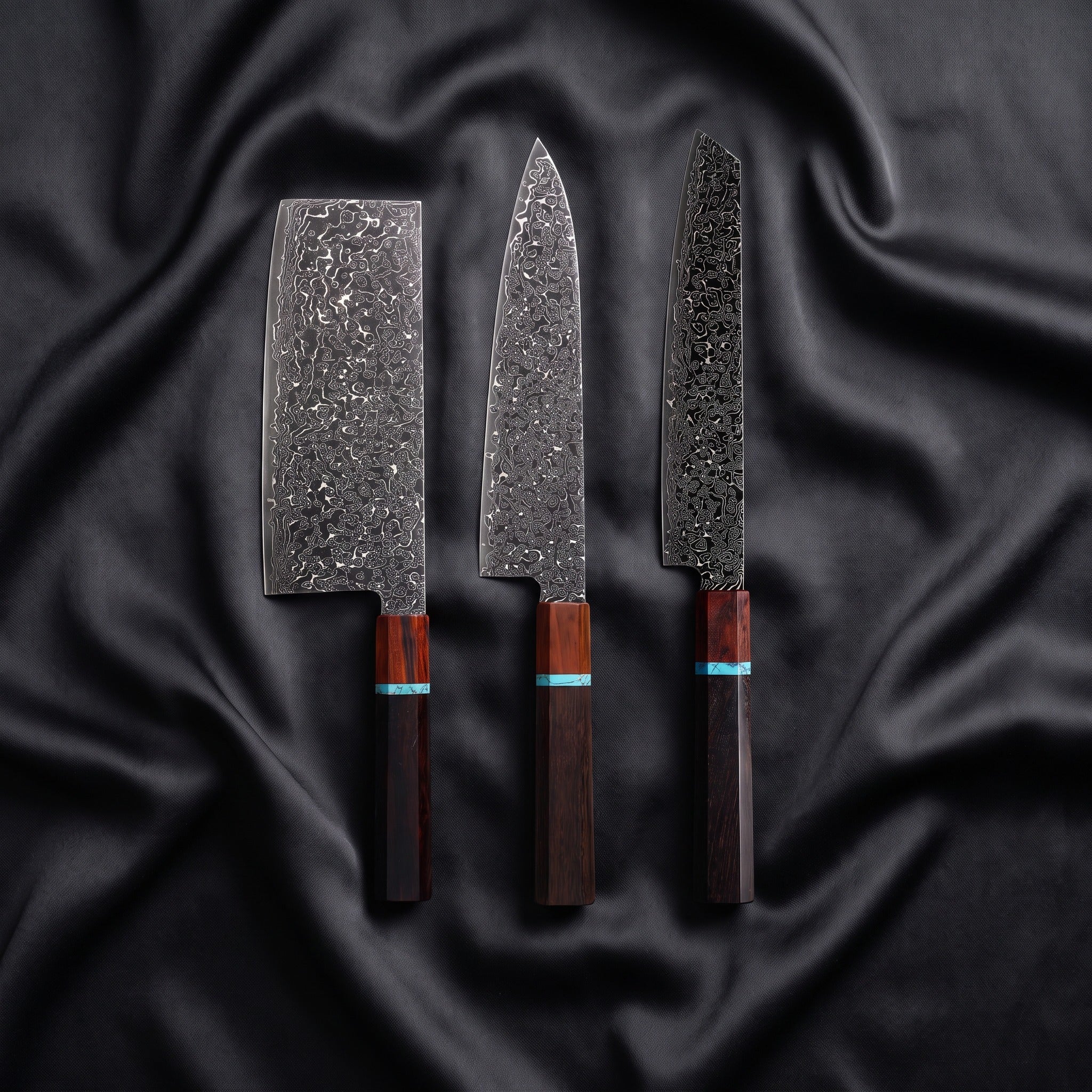 Raiden Knife Trio (Gyuto, Kiritsuke & Cleaver) · the full set on black silk