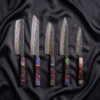 Rekka Damascus Knife Set · the full set on black silk