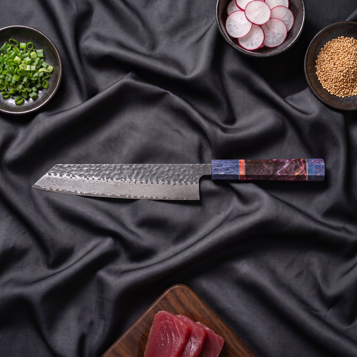 Rekka Damascus Knife Set · Kiritsuke on the cutting board