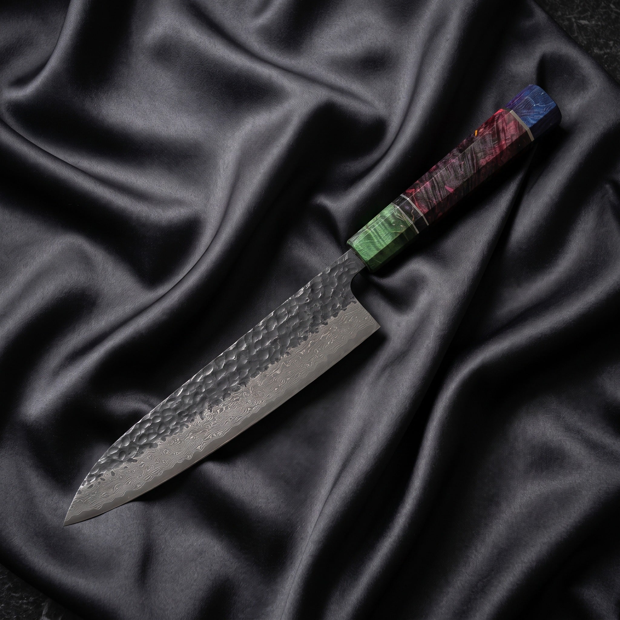Rekka Gyuto Chef Knife · full blade on black silk