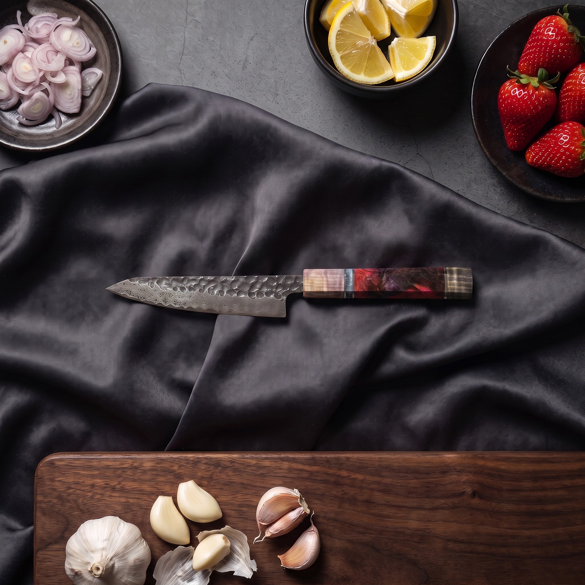 Rekka Knife Duo (Gyuto & Petty) · Petty on the cutting board