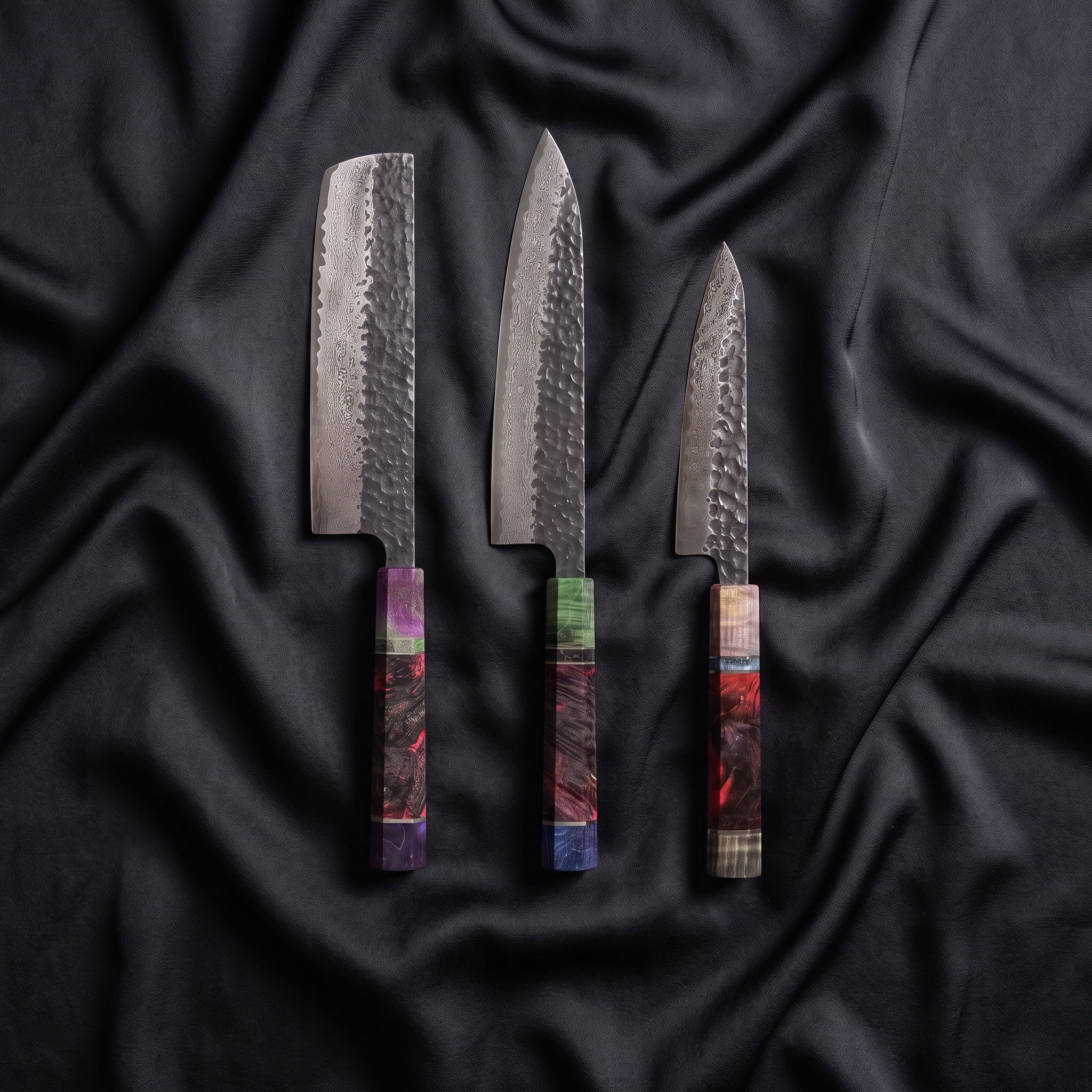 Rekka Knife Trio (Gyuto, Nakiri & Petty) · the full set on black silk