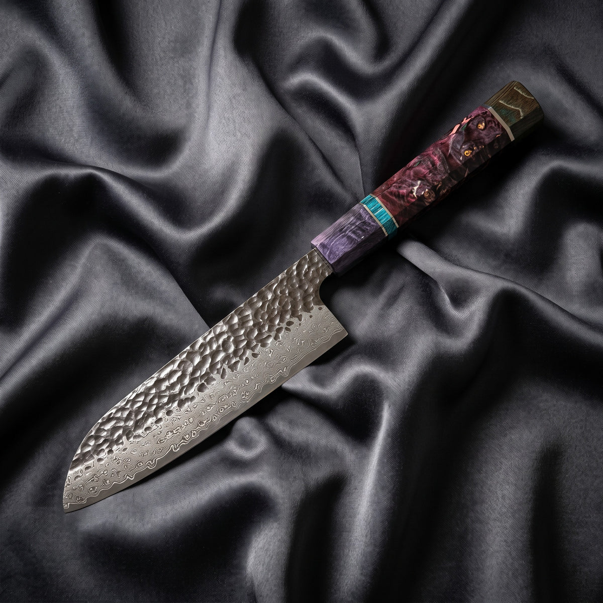 Rekka Santoku Knife · full blade on black silk