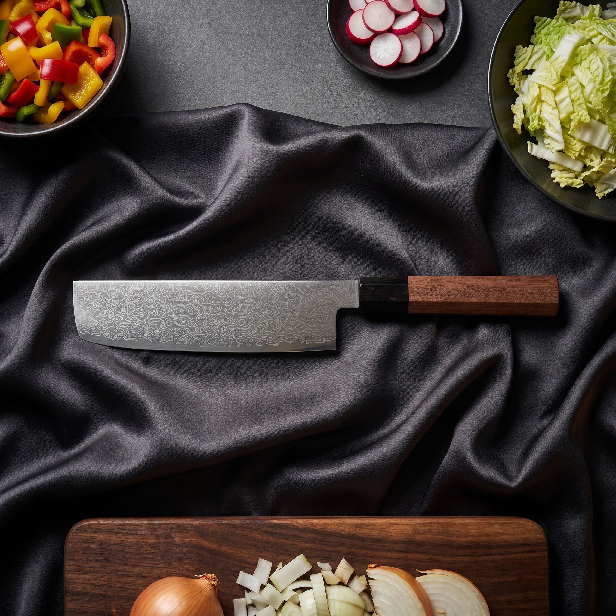 Samidare Damascus Knife Set · Nakiri on the cutting board