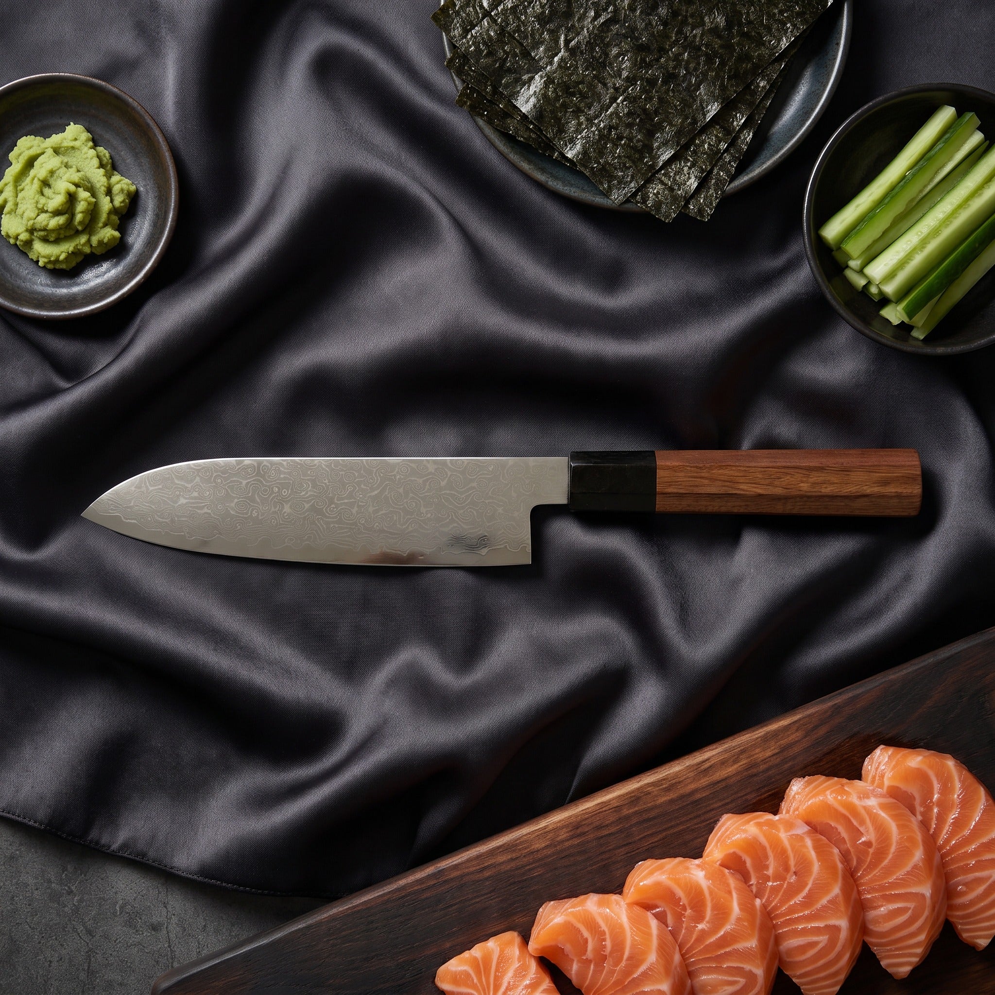 Samidare Damascus Knife Set · Santoku on the cutting board