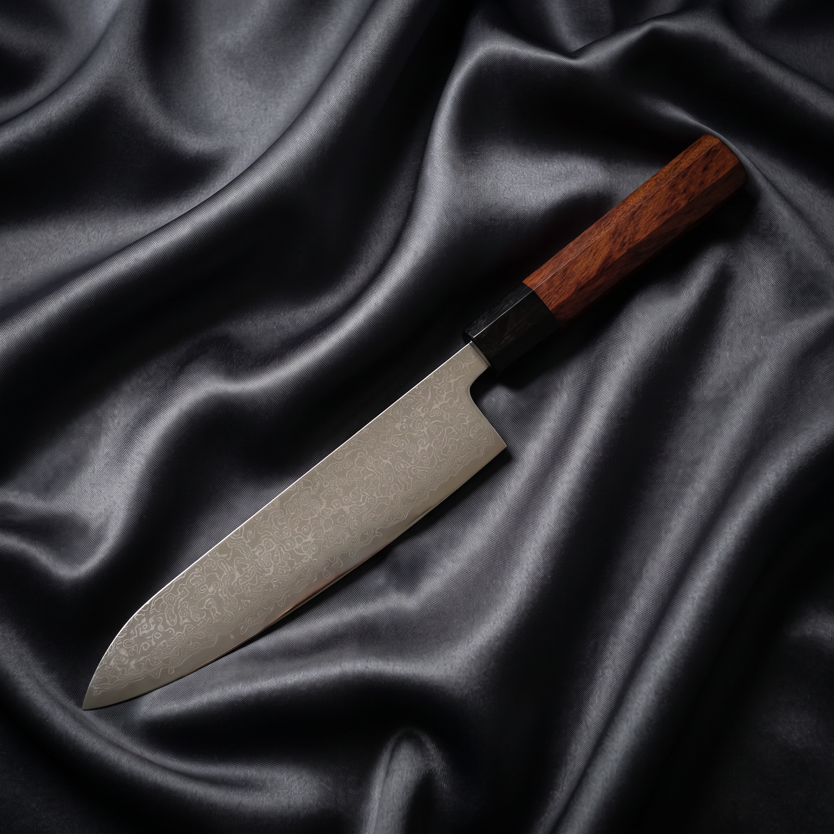 Samidare Gyuto Chef Knife · full blade on black silk