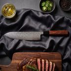 Samidare Gyuto Chef Knife · on the cutting board