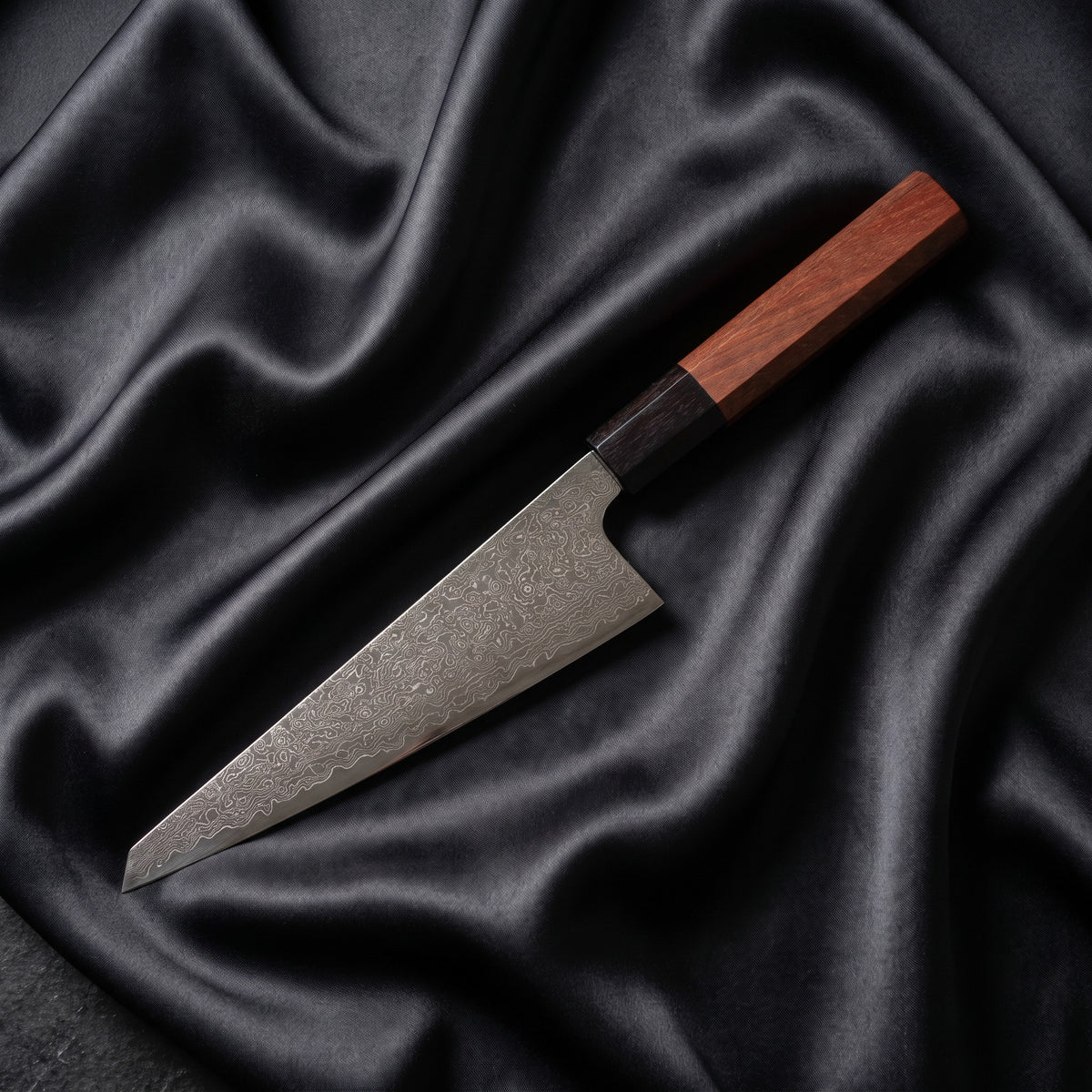 Samidare Honesuki Boning Knife · full blade on black silk