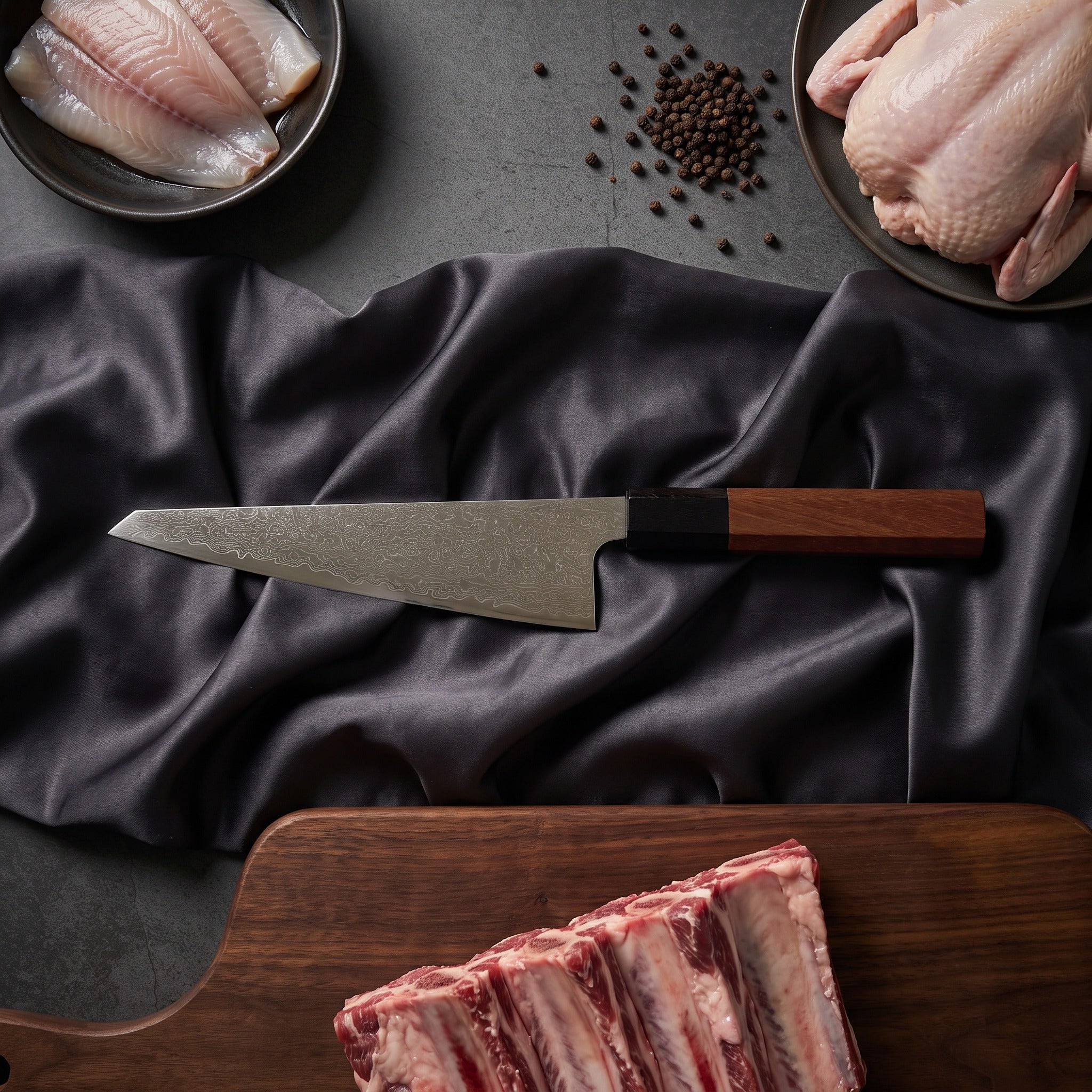 Samidare Honesuki Boning Knife · on the cutting board