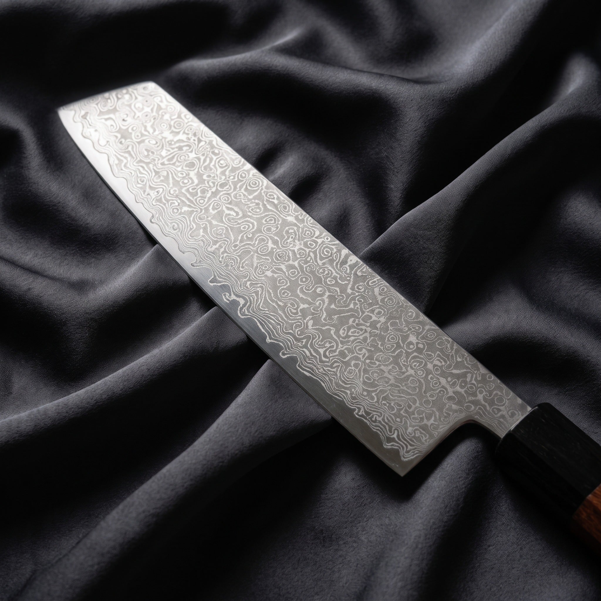 Samidare Kiritsuke Chef Knife · Damascus blade close-up