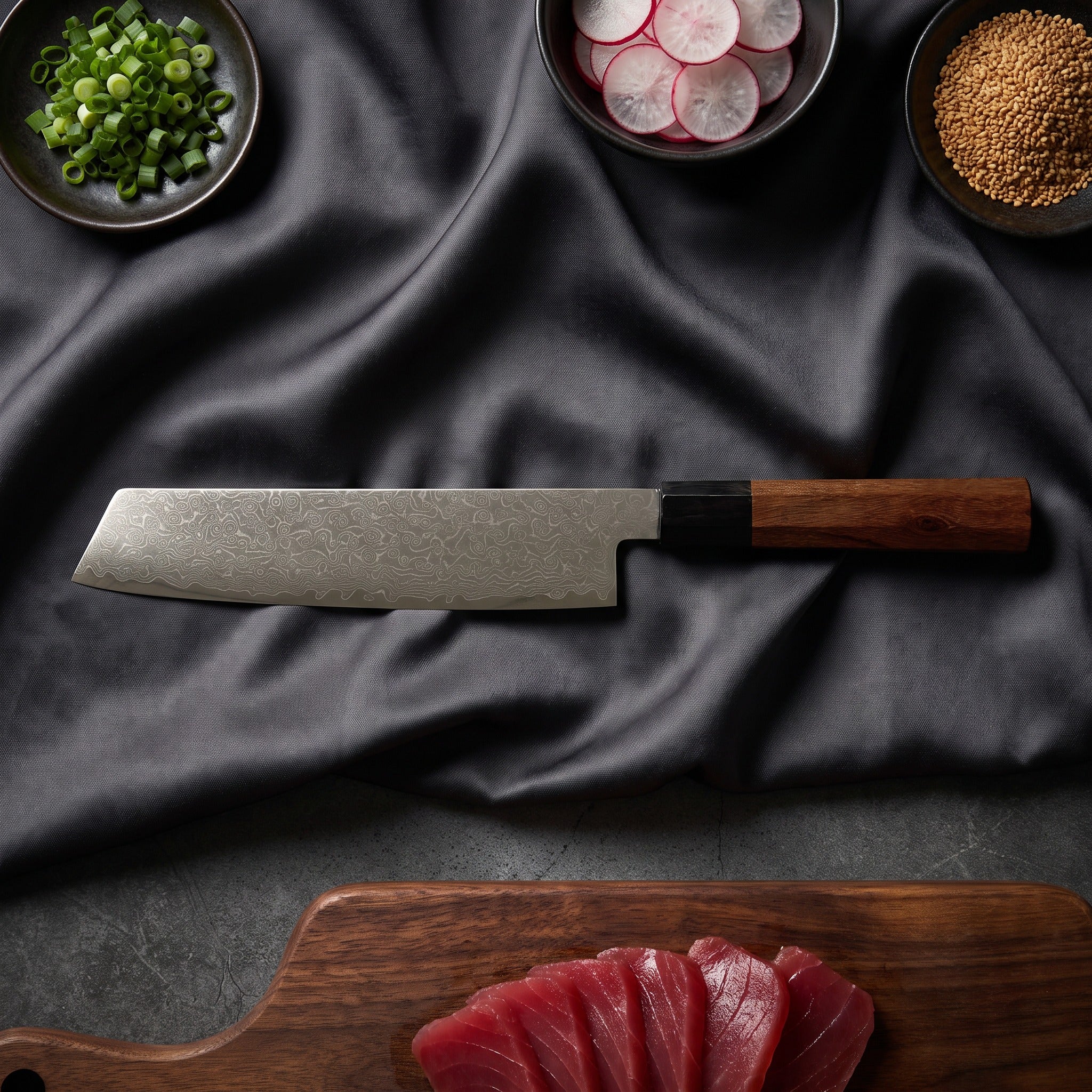 Samidare Kiritsuke Chef Knife · on the cutting board