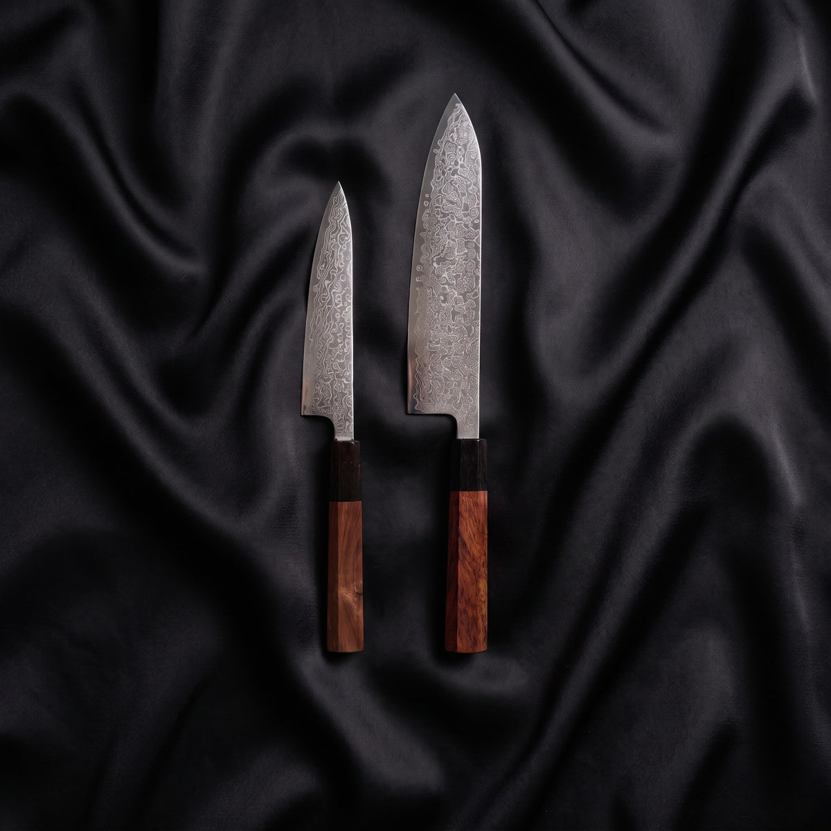 Samidare Knife Duo (Gyuto & Petty) · the full set on black silk