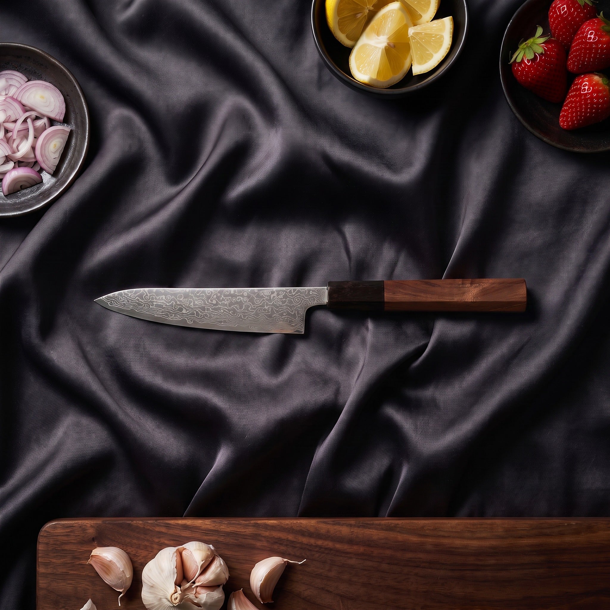 Samidare Knife Duo (Gyuto & Petty) · on the cutting board