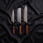 Samidare Knife Trio (Gyuto, Nakiri & Petty) · the full set on black silk