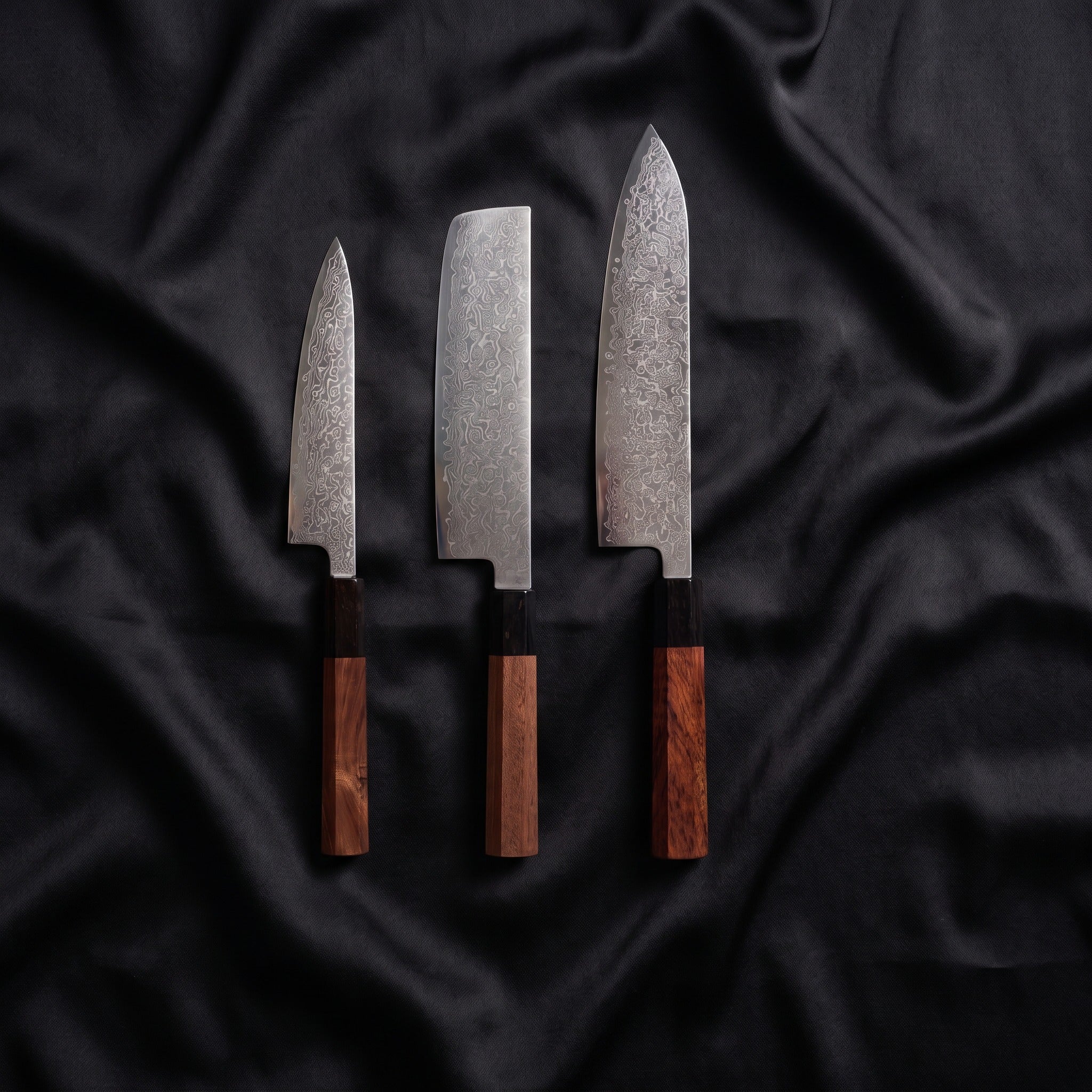 Samidare Knife Trio (Gyuto, Nakiri & Petty) · the full set on black silk