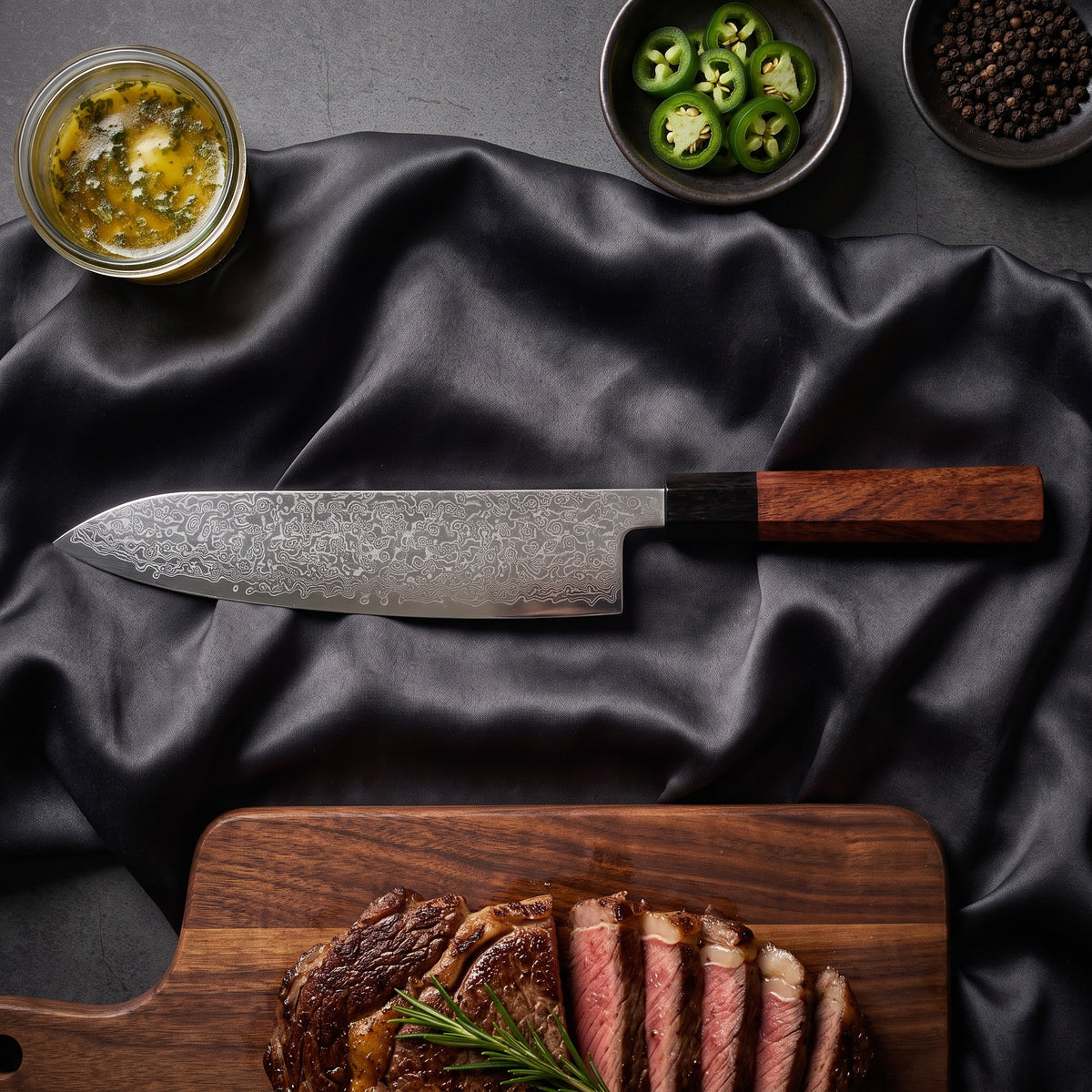 Samidare Knife Trio (Gyuto, Nakiri & Petty) · Gyuto on the cutting board