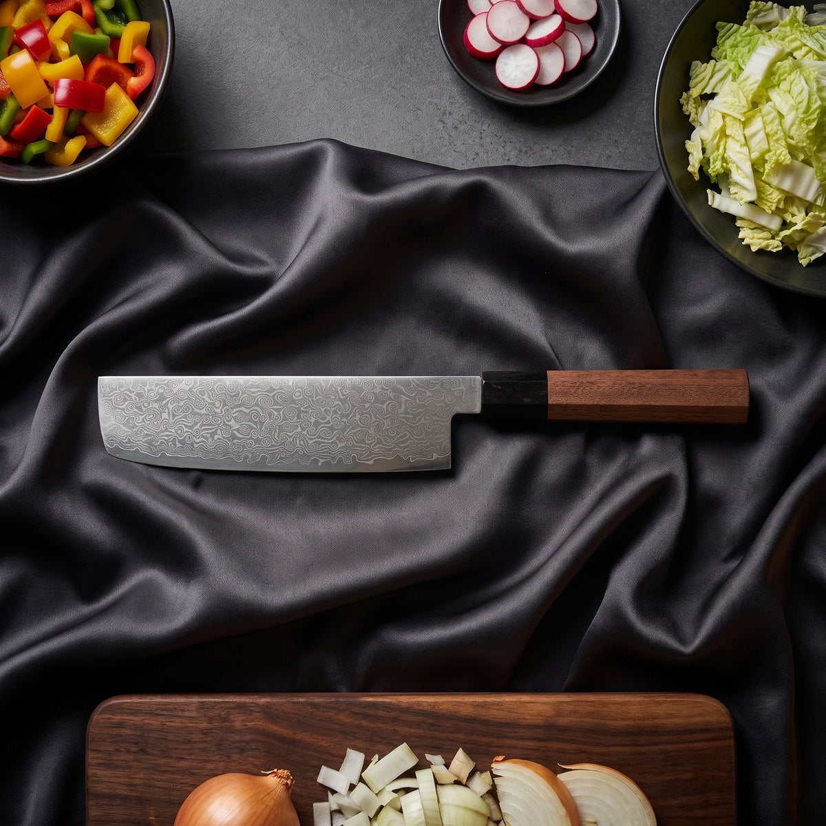 Samidare Knife Trio (Gyuto, Nakiri & Petty) · Nakiri on the cutting board