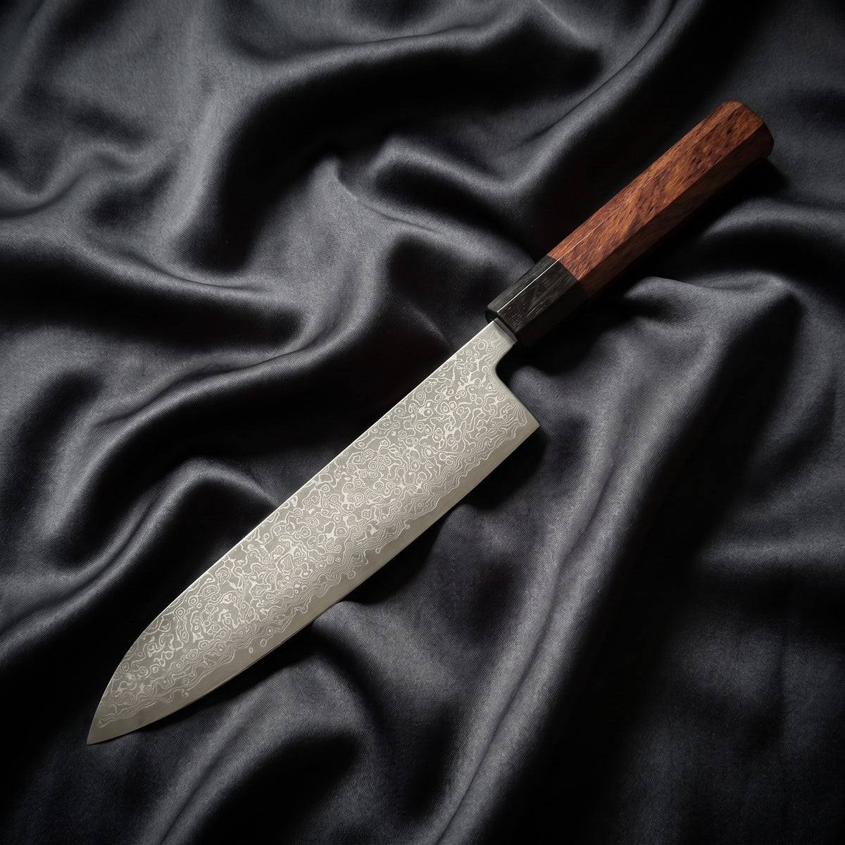 Samidare Santoku Knife · full blade on black silk