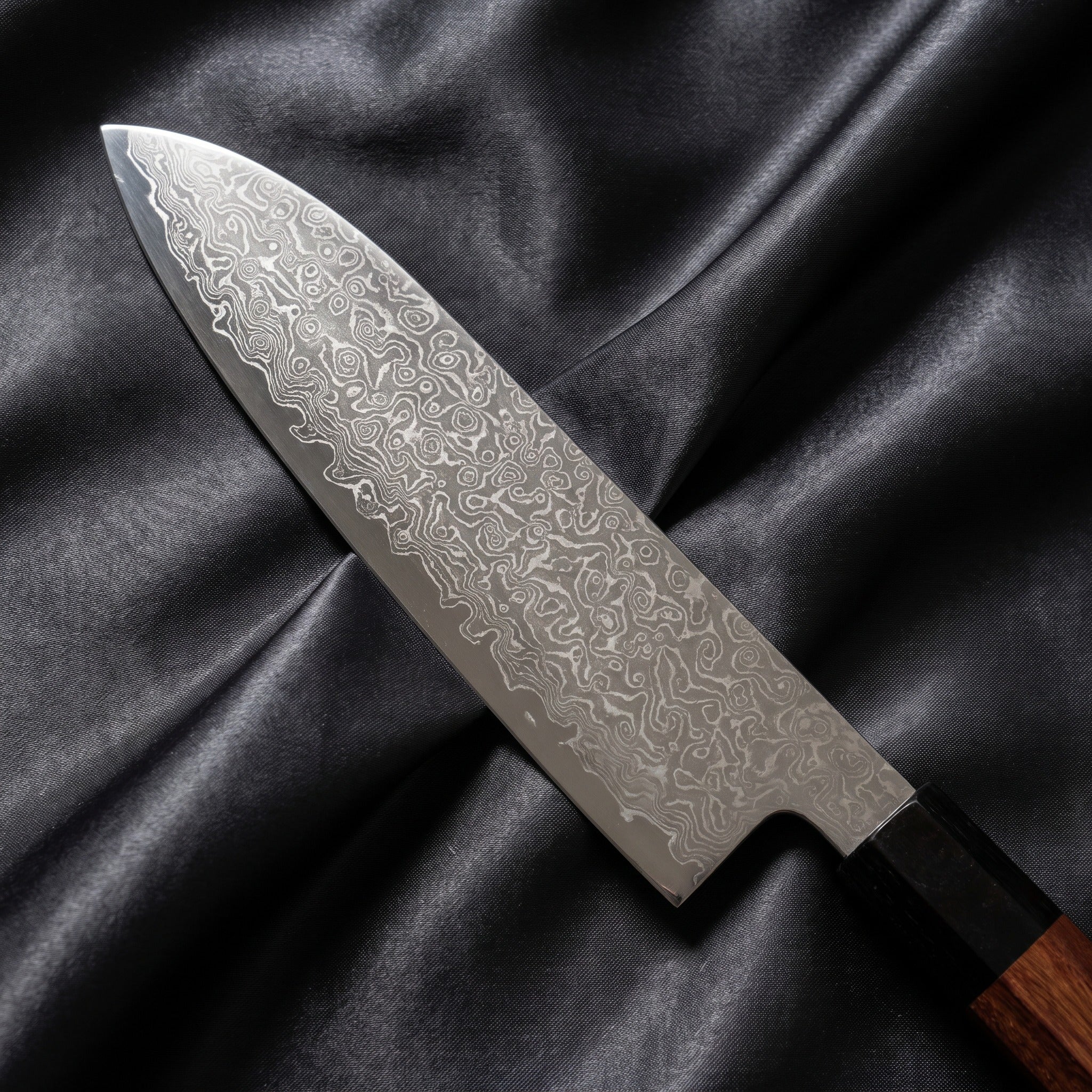 Samidare Santoku Knife · Damascus blade close-up