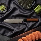 Samidare Santoku Knife · on the cutting board