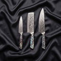 Sazanami Knife Trio (Gyuto, Nakiri & Petty) · the full set on black silk