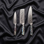 Sazanami Knife Trio (Gyuto, Nakiri & Petty) · the full set on black silk