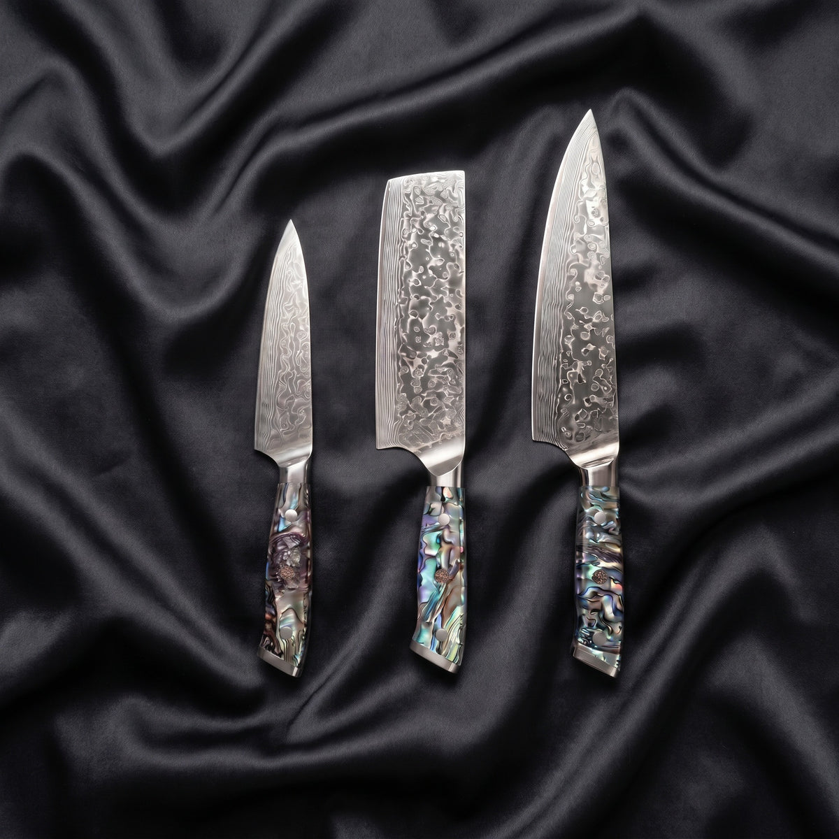 Sazanami Knife Trio (Gyuto, Nakiri & Petty) · the full set on black silk