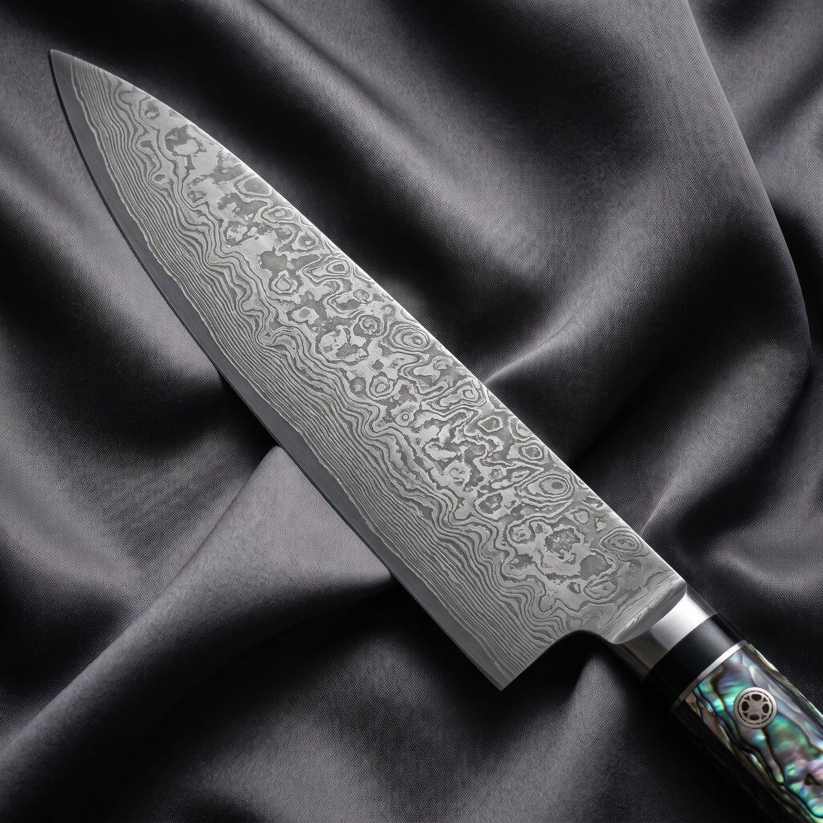 Sazanami Petty Utility Knife · Damascus blade close-up