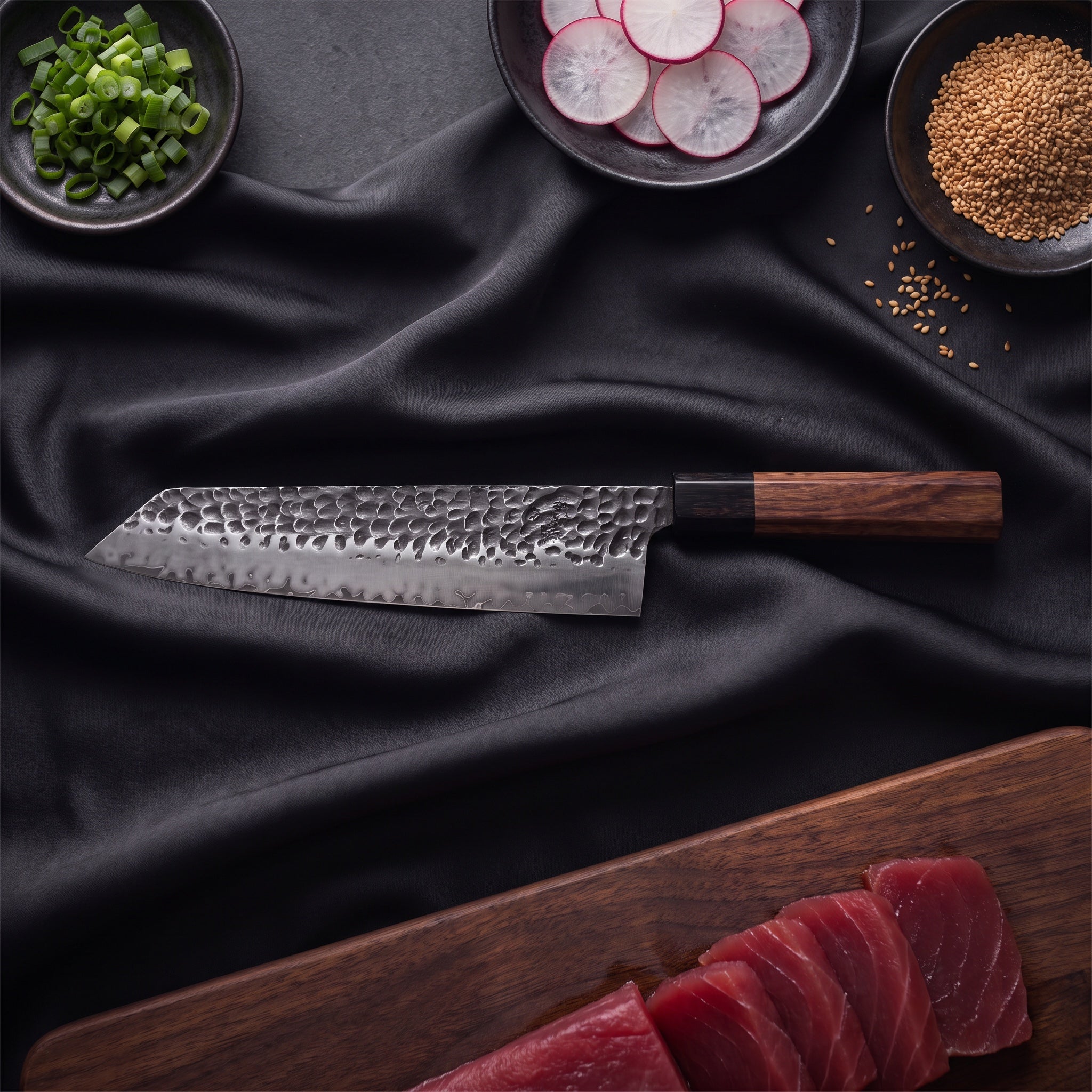 Shigure Kiritsuke Chef Knife · on the cutting board
