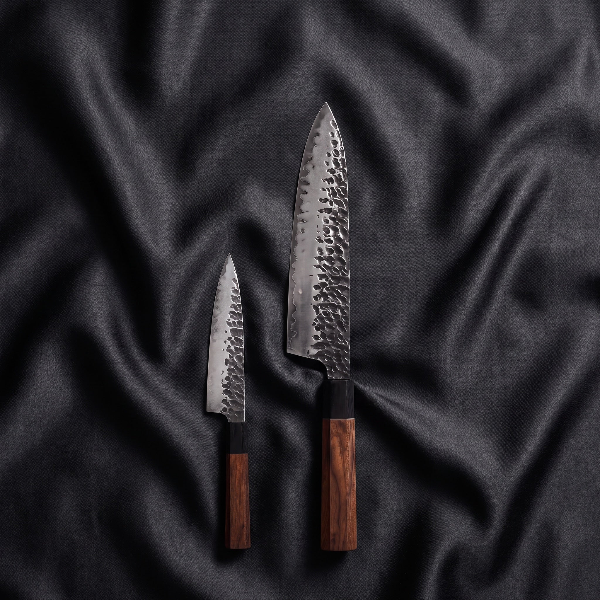 Shigure Knife Duo (Gyuto & Petty) · the full set on black silk
