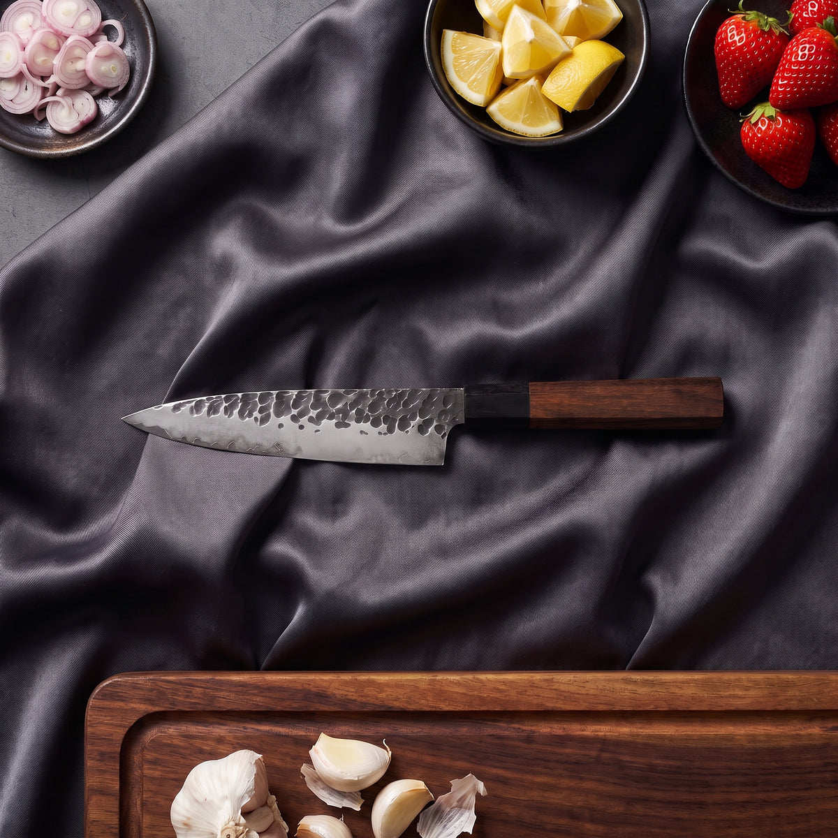 Shigure Knife Duo (Gyuto & Petty) · Petty on the cutting board