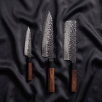 Shigure Knife Trio (Gyuto, Nakiri & Petty) · the full set on black silk