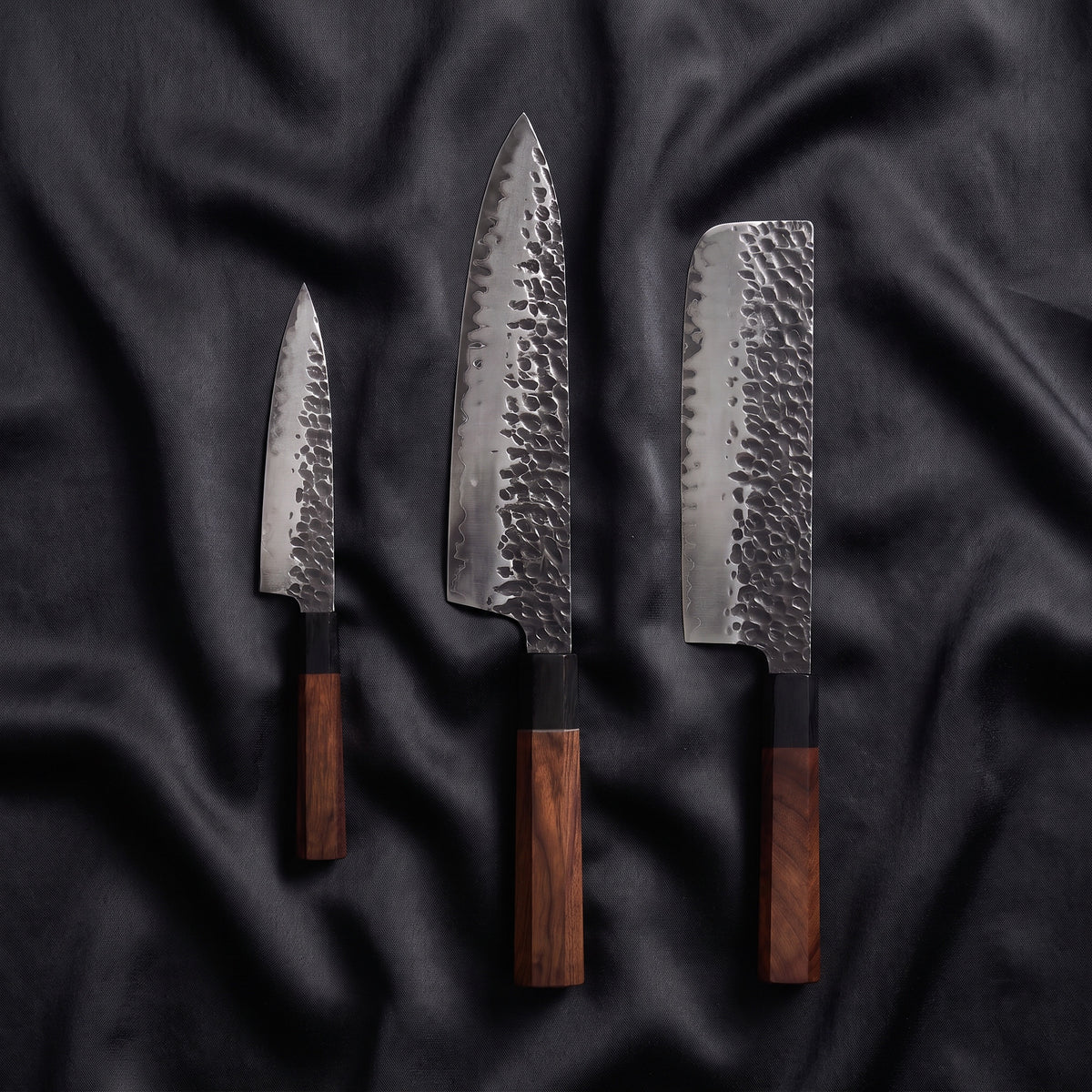 Shigure Knife Trio (Gyuto, Nakiri & Petty) · the full set on black silk