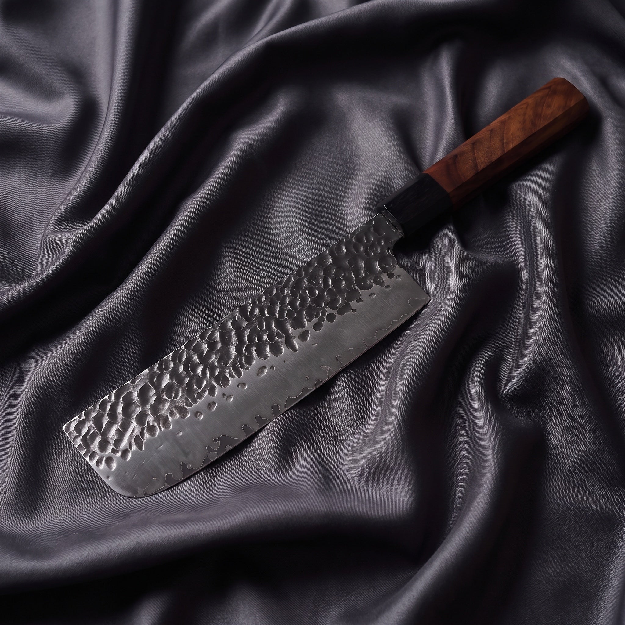 Shigure Nakiri Knife · full blade on black silk