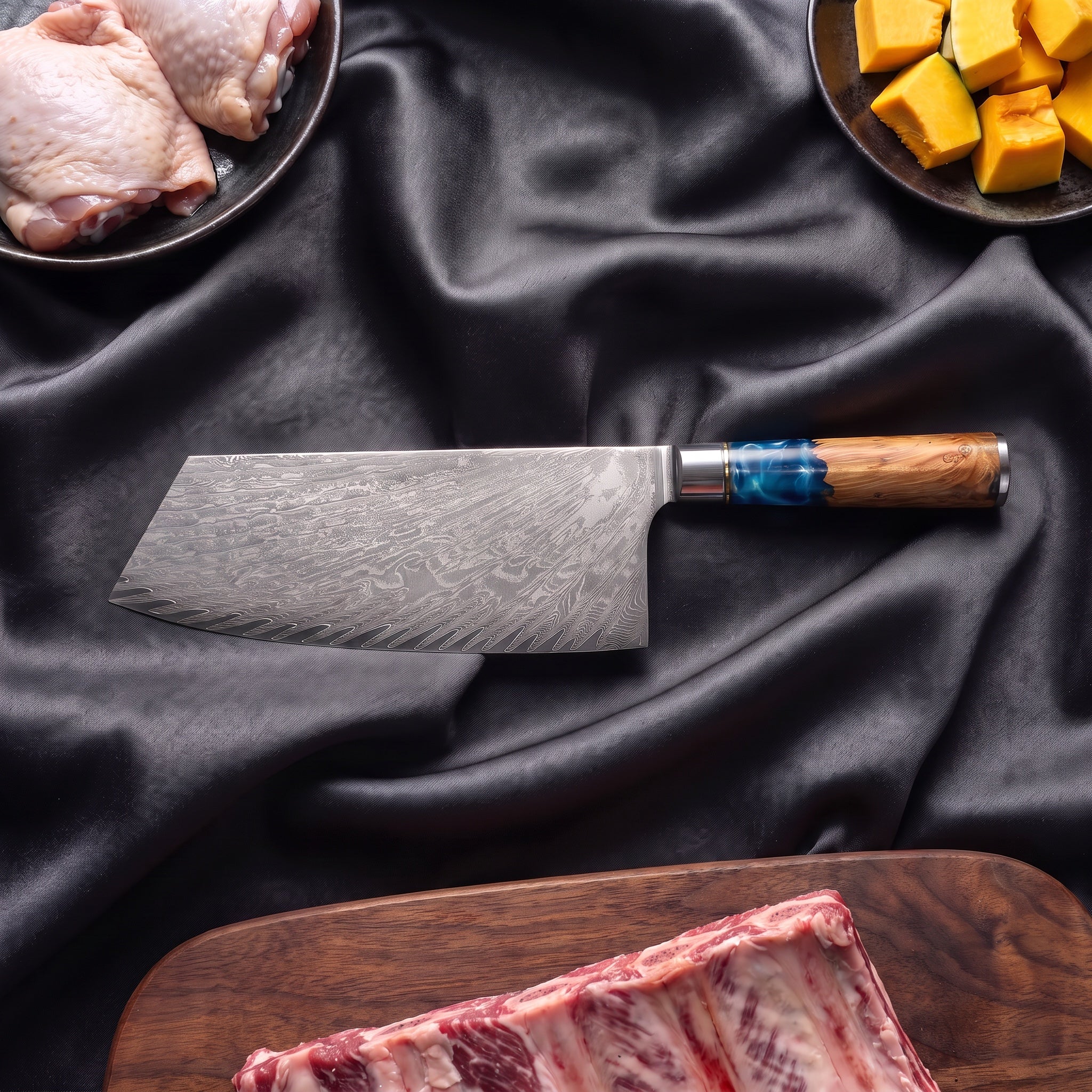 Shion Damascus Knife Set · on the cutting board