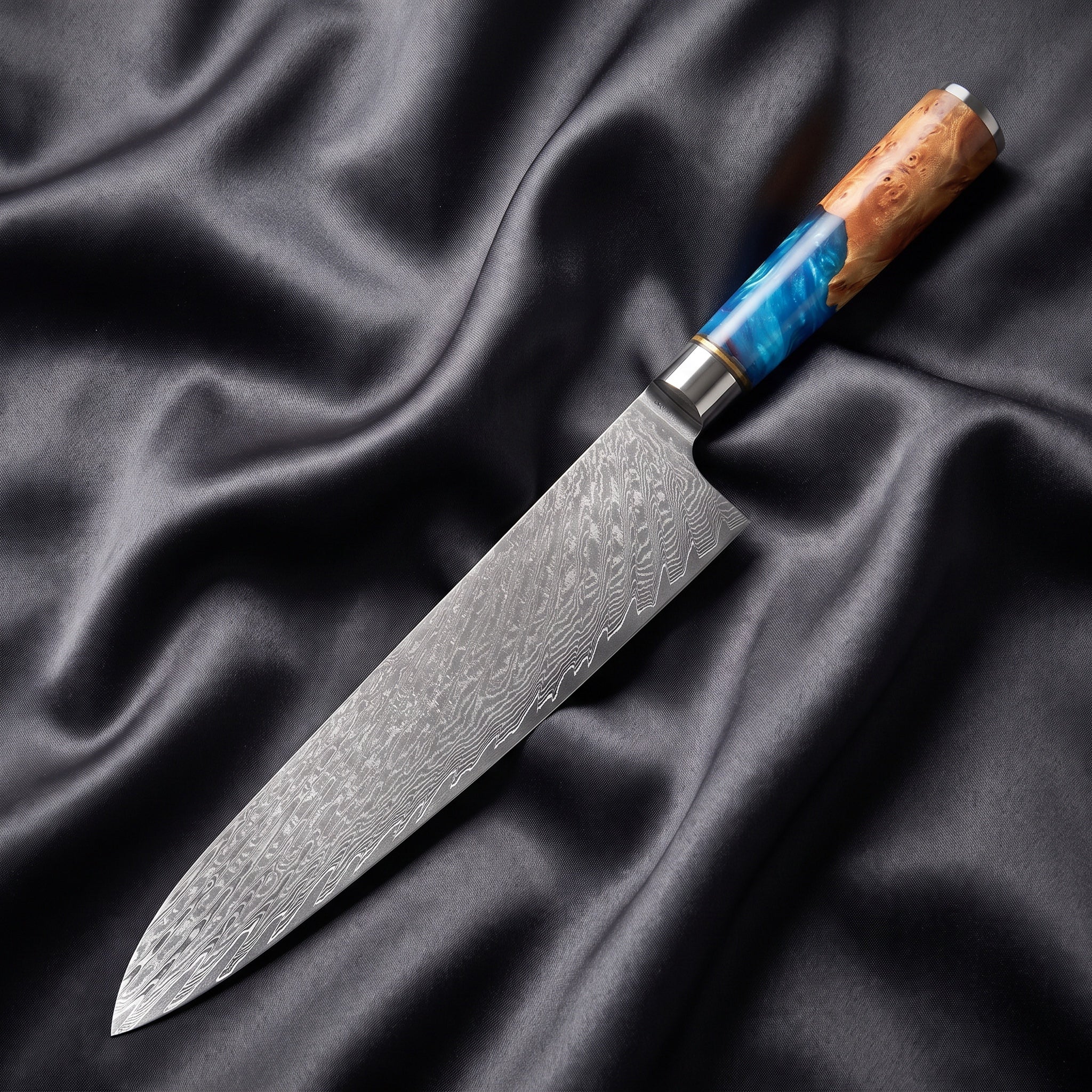 Shion Gyuto Chef Knife · full blade on black silk