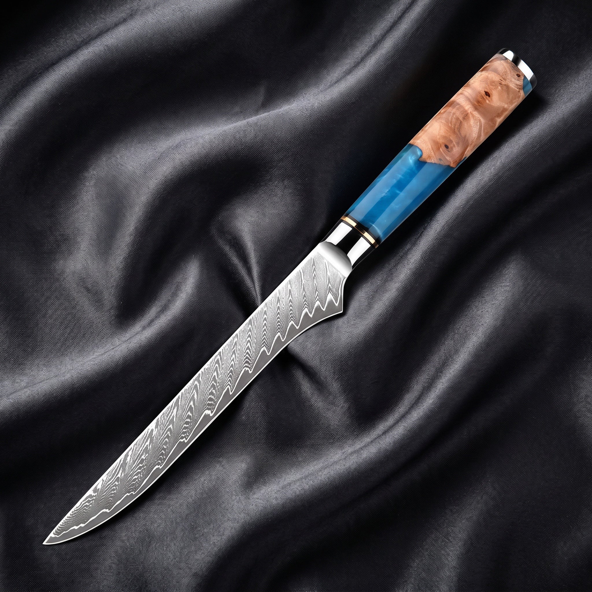 Shion Honesuki Boning Knife · full blade on black silk