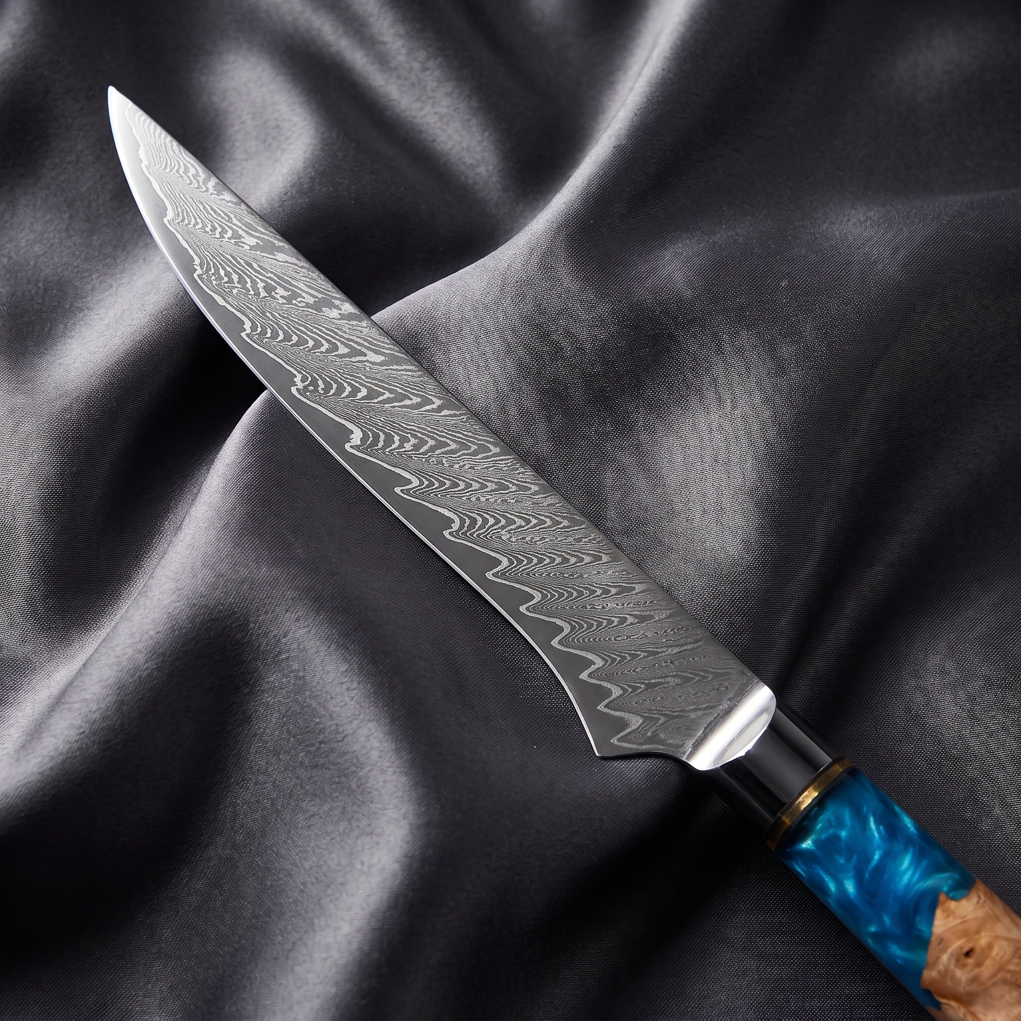 Shion Honesuki Boning Knife · Damascus blade close-up