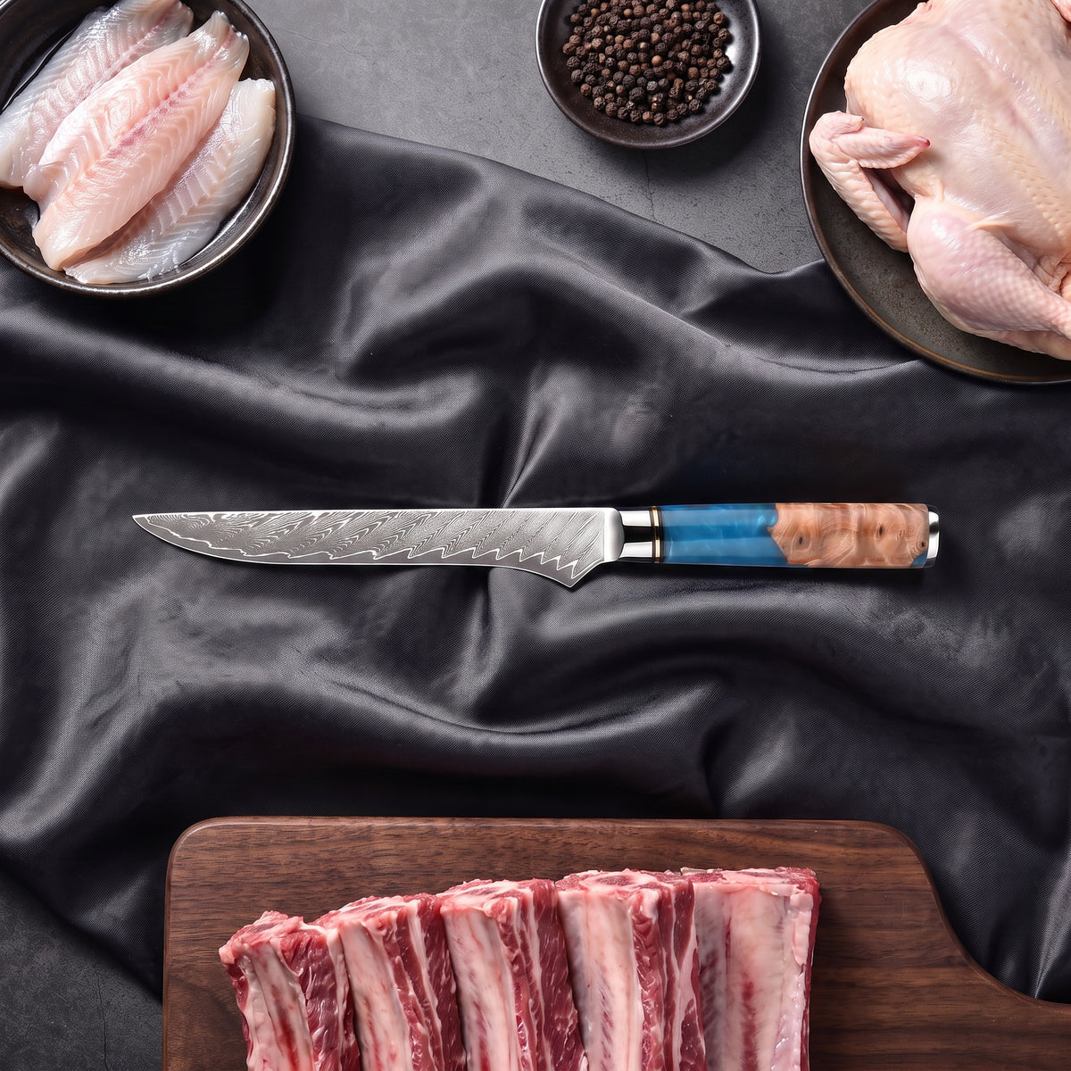 Shion Honesuki Boning Knife · on the cutting board