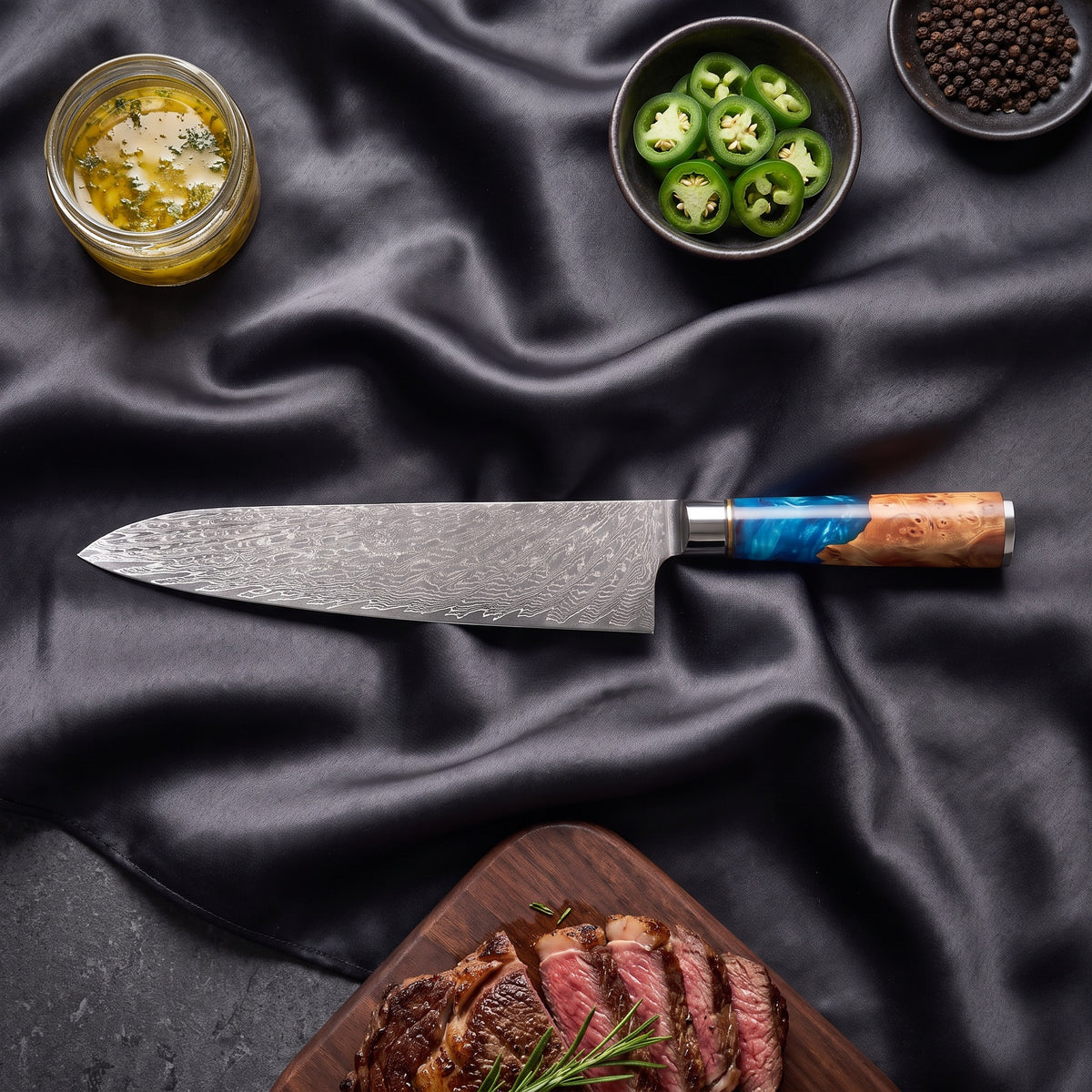 Shion Knife Duo (Gyuto & Petty) · on the cutting board