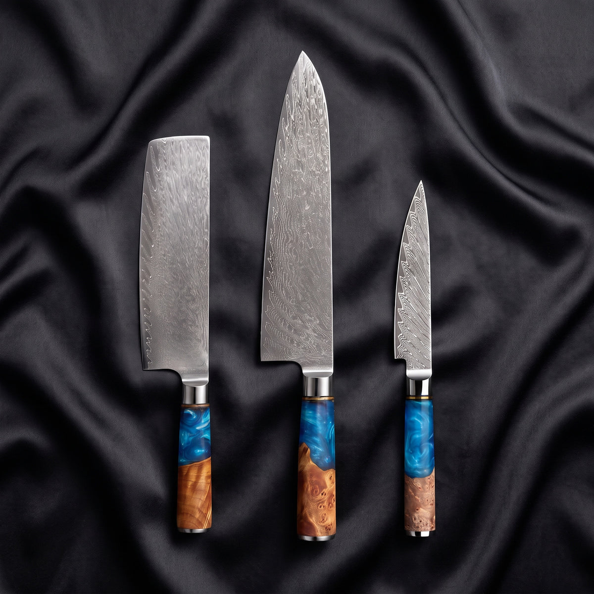 Shion Knife Trio (Gyuto, Nakiri & Petty) · the full set on black silk