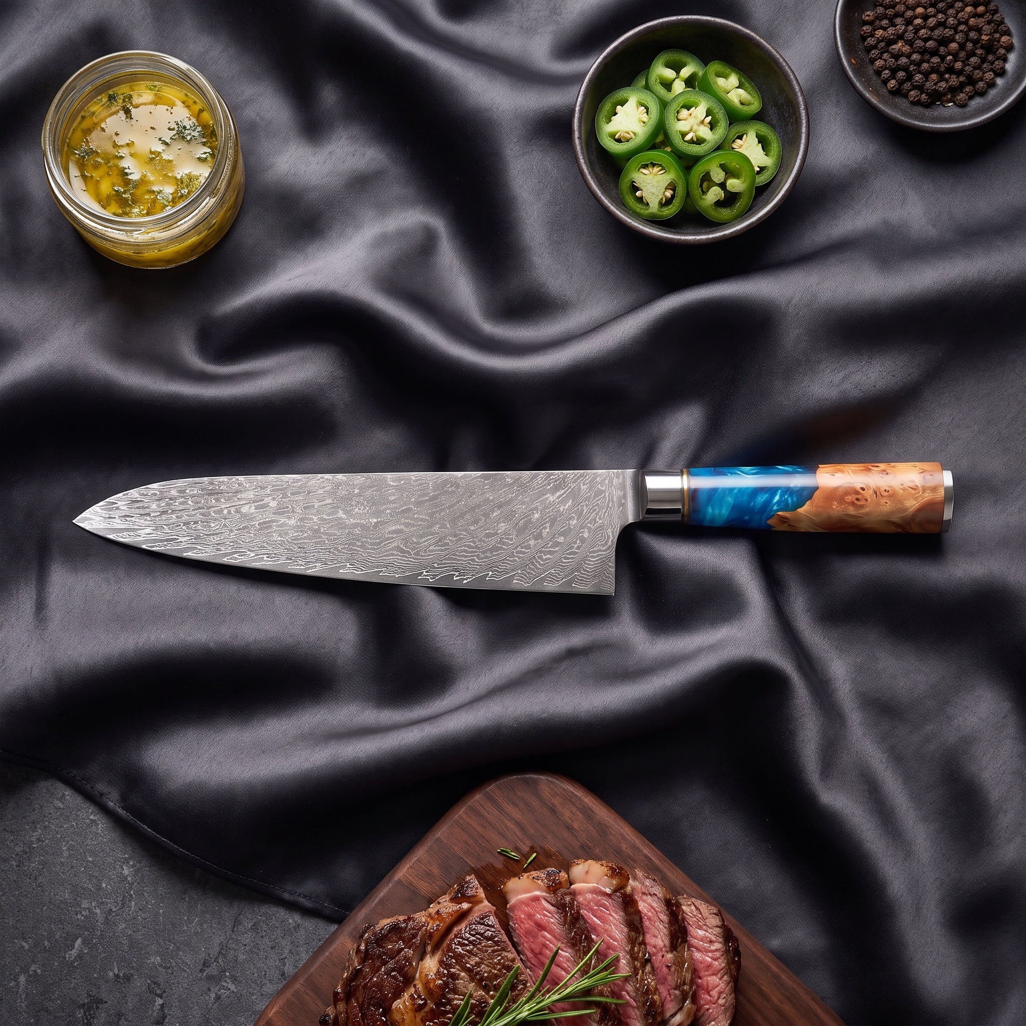 Shion Knife Trio (Gyuto, Nakiri & Petty) · on the cutting board