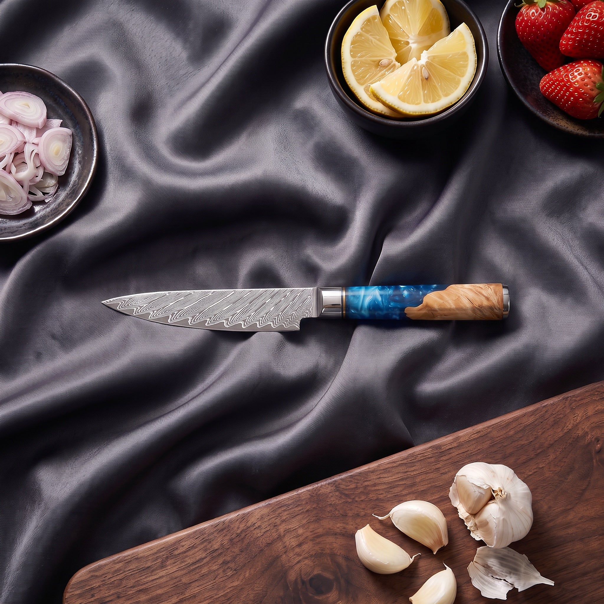 Shion Knife Trio (Gyuto, Nakiri & Petty) · on the cutting board