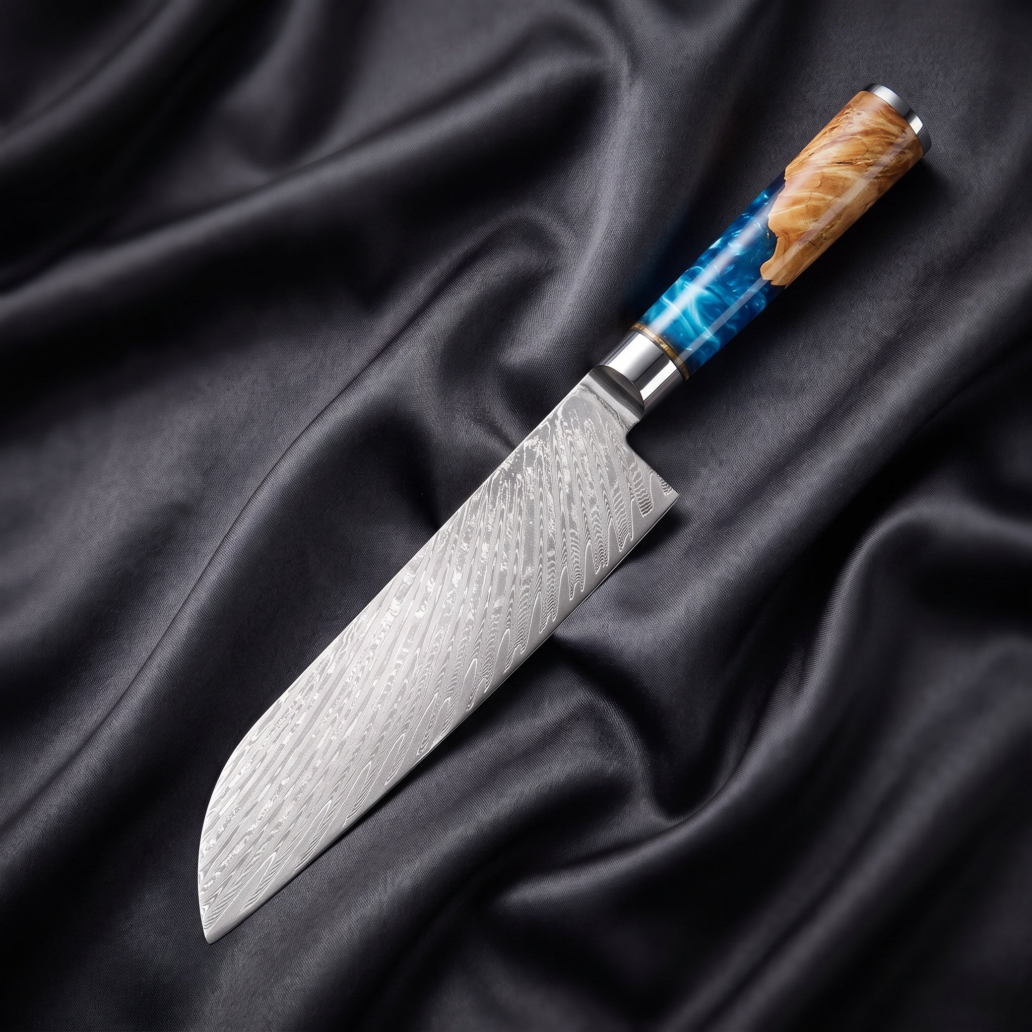 Shion Santoku Knife · full blade on black silk