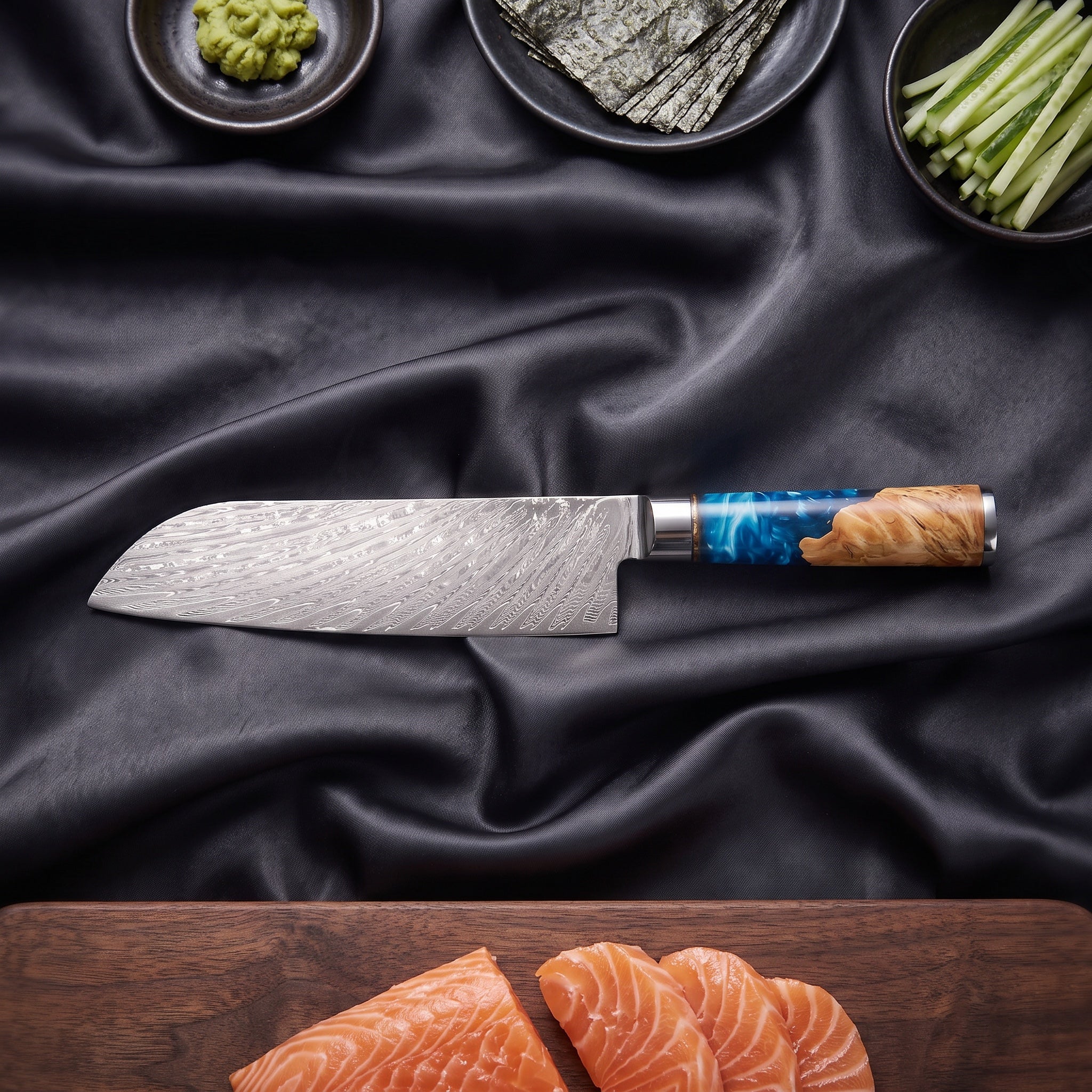Shion Santoku Knife · on the cutting board